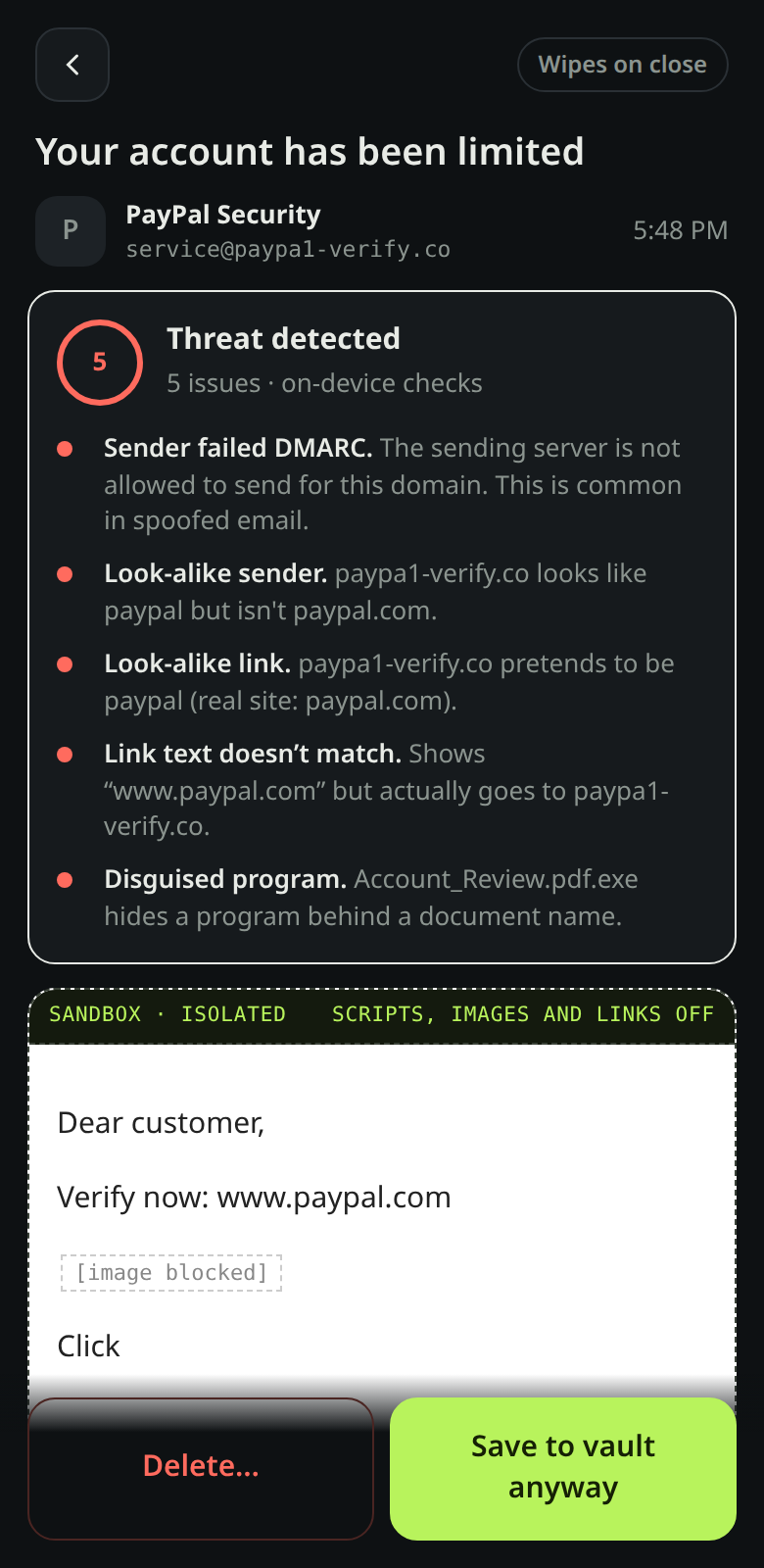 Threat report for a phishing email