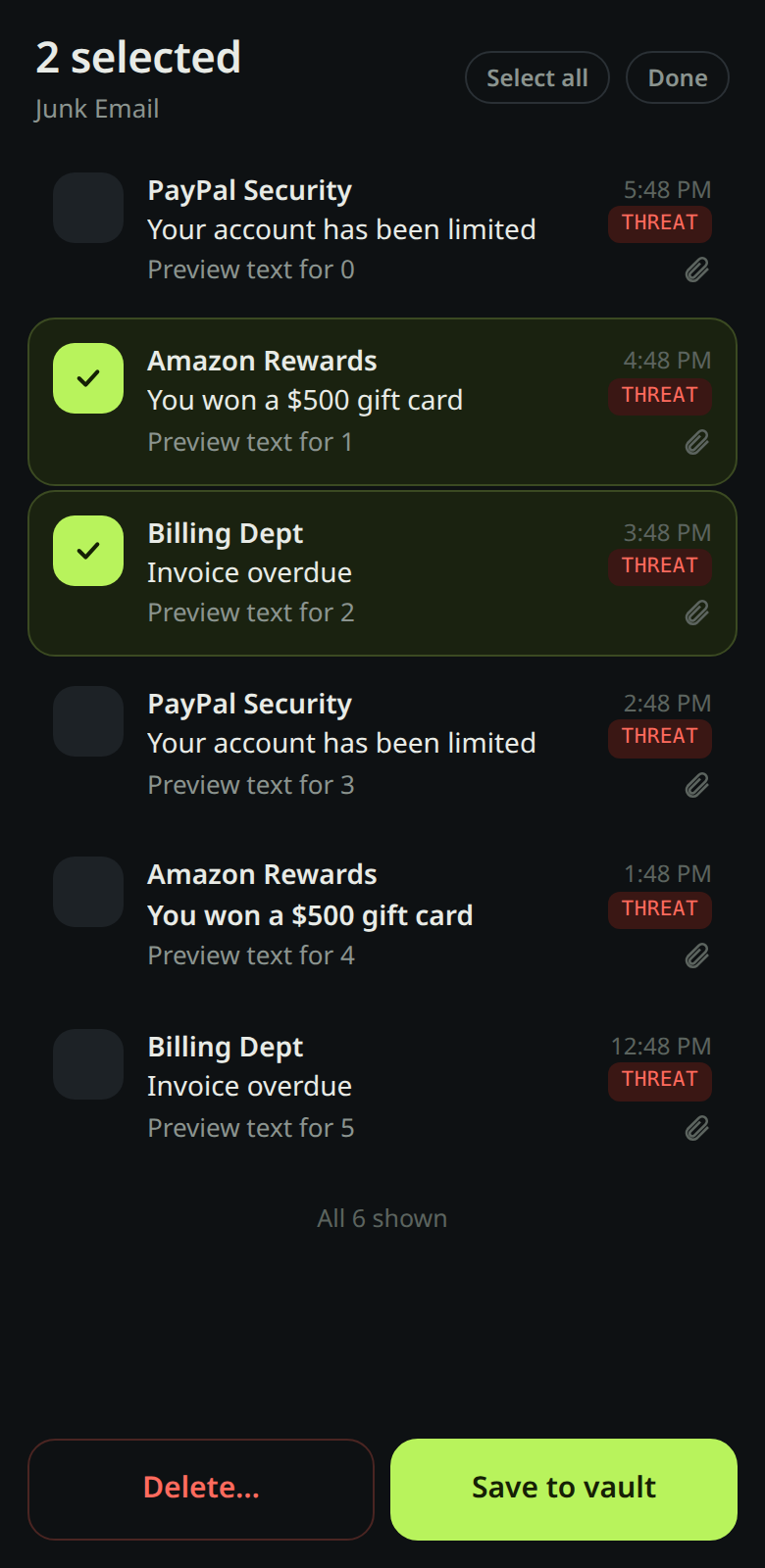 Selecting several emails